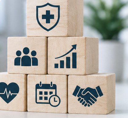Cubos de madera con iconos de salud, equipo, rendimiento y acuerdo